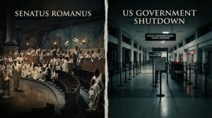 Chaotic Roman Senate alongside closed US airport TSA checkpoint during government shutdown
