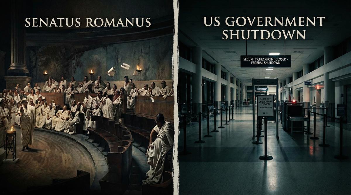 Split-screen: Chaotic Roman Senate versus closed US airport TSA checkpoint during government shutdown