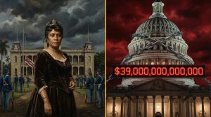 Split-screen: Queen Liliuokalani of Hawaii before Iolani Palace in 1893 alongside the US Capitol with $39 trillion debt clock