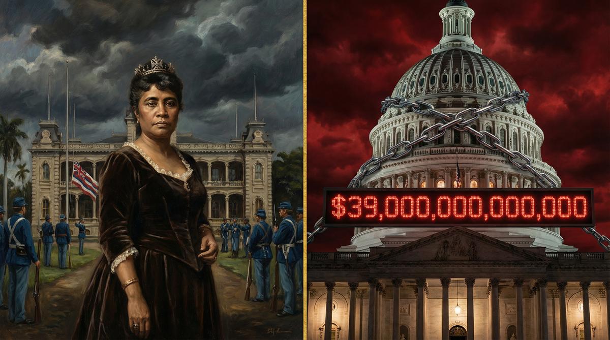 Split-screen: Queen Liliuokalani of Hawaii before Iolani Palace in 1893 alongside the US Capitol with $39 trillion debt clock