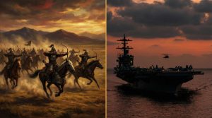 Mongol cavalry charge alongside a US aircraft carrier — the parallel between the Mongol Empire's overextension and America's Iran war