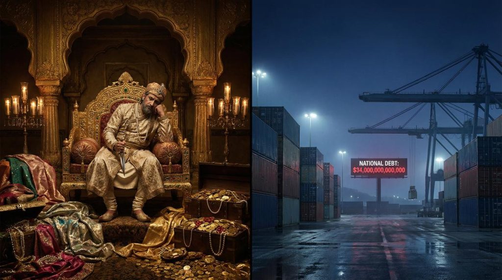 Mughal Emperor on golden throne surrounded by wealth, split with empty American cargo port showing national debt