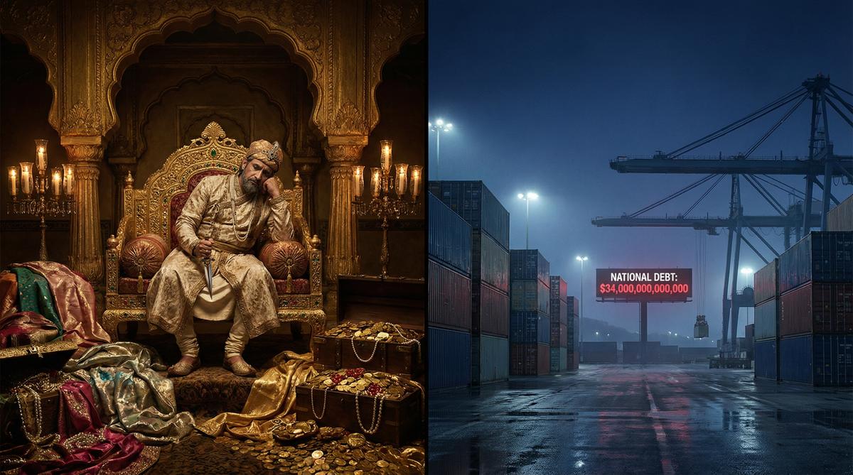 Mughal Emperor on golden throne surrounded by wealth, split with empty American cargo port showing national debt