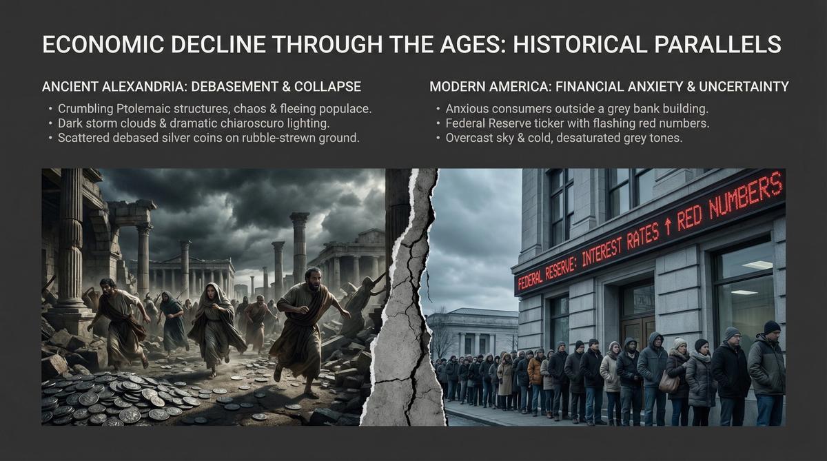 Split screen of Ptolemaic Egypt collapse and modern American economic crisis