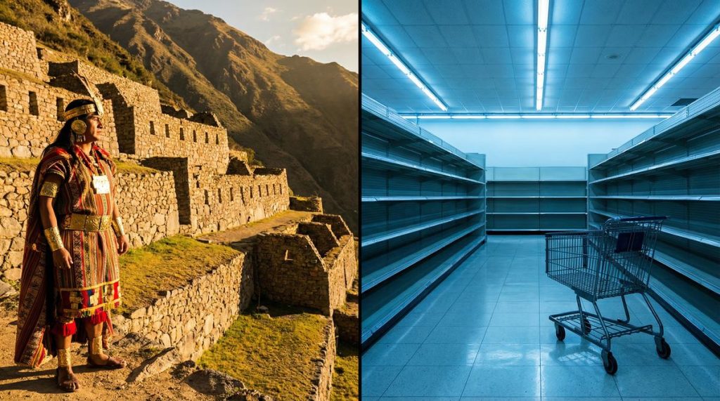 Inca emperor before qullqa storehouses contrasted with empty American grocery store shelves