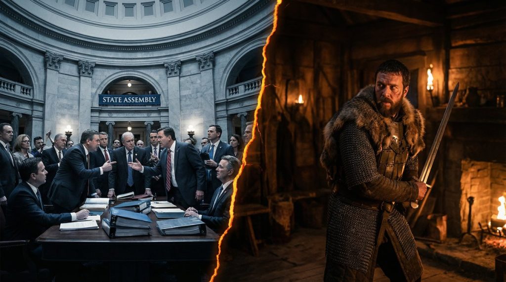 Split screen: Modern American courtroom vs Medieval Kievan Rus prince