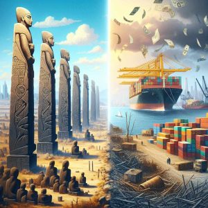 Split-screen of the ancient Aksum Empire port emptying and a modern American shipping port with Chinese cargo ships sailing away, representing trade isolation