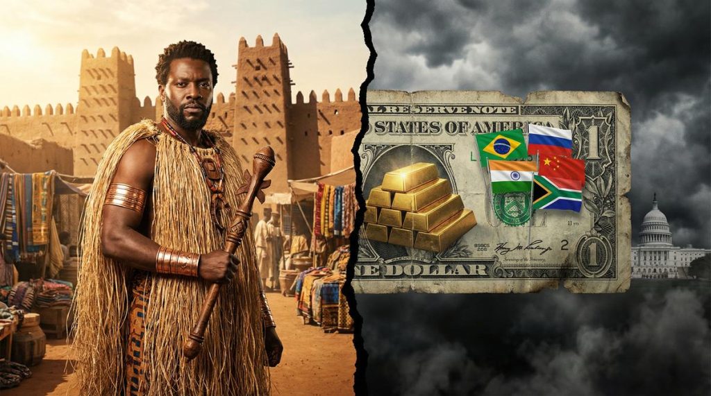 Split-screen: The Kingdom of Kongo at its peak power alongside the crumbling US dollar and rising BRICS nations — a historical parallel of economic sovereignty lost through dependency.