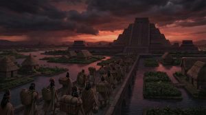 Aztec tribute bearers march toward Tenochtitlan at sunset — the peak of empire before the fall