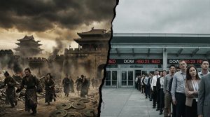 Split-screen of Eastern Han Dynasty collapse and modern US job market crisis