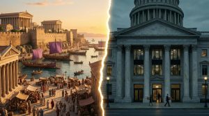 Ancient Carthage harbor split-screen with modern Washington D.C. federal building