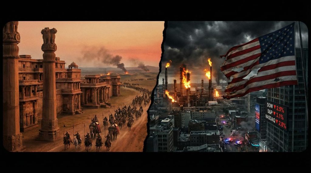 Mauryan Empire vs Modern America — historical parallel split-screen
