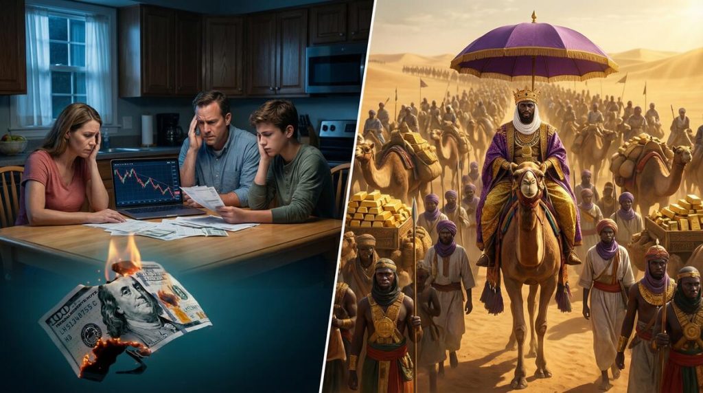 Split-screen: American family stressed over debt vs. Mansa Musa's golden caravan crossing the Sahara
