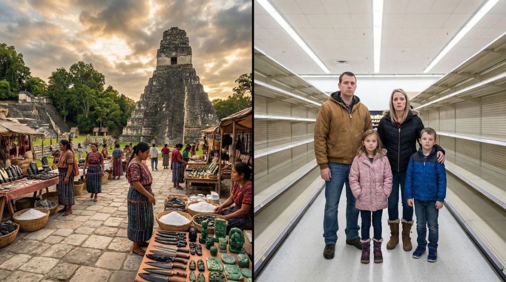 Split-screen: Ancient Maya marketplace at Tikal vs. modern American family facing empty store shelves
