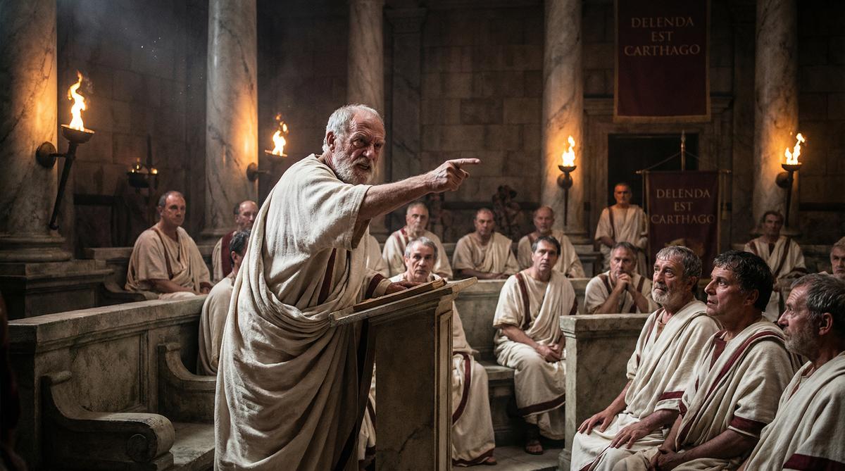 Cato the Elder delivering his famous 'Carthago delenda est' speech in the Roman Senate