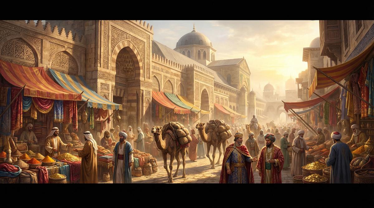 The bustling markets of Umayyad Damascus at the height of the caliphate's wealth