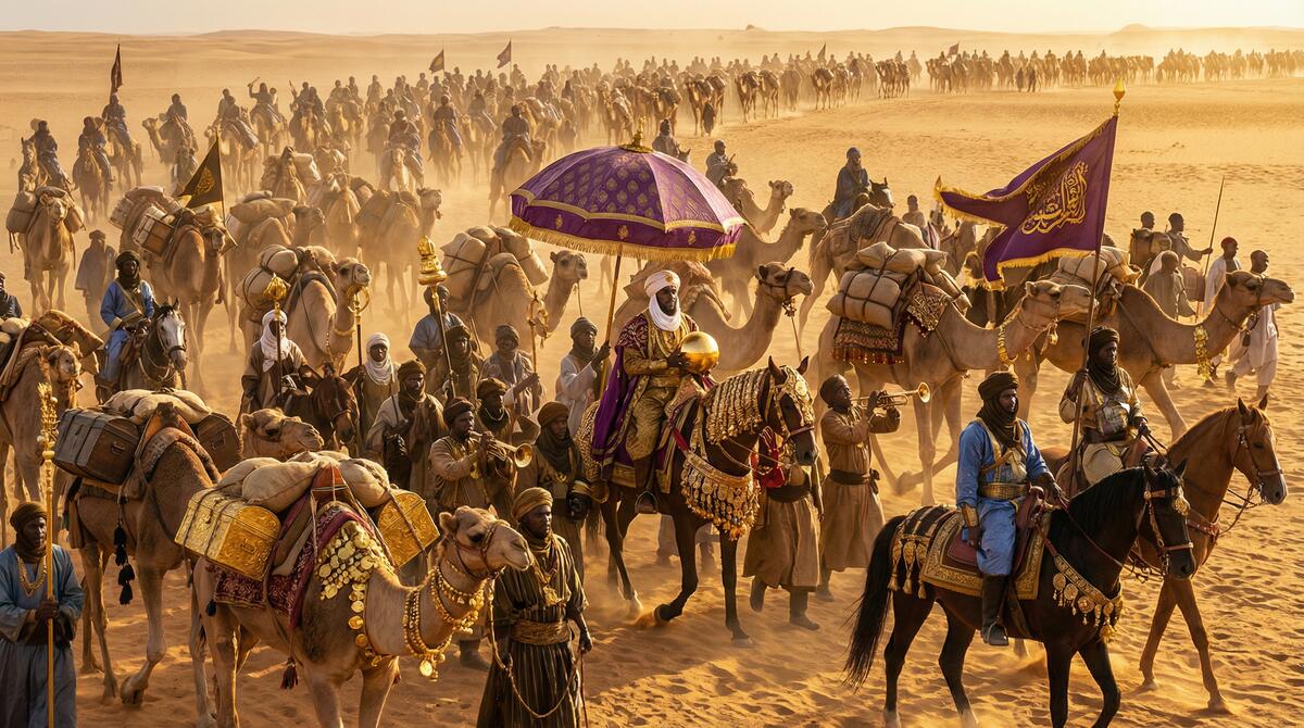 Mansa Musa's caravan crossing the Sahara on the 1324 Hajj — 60,000 people and hundreds of camels laden with gold
