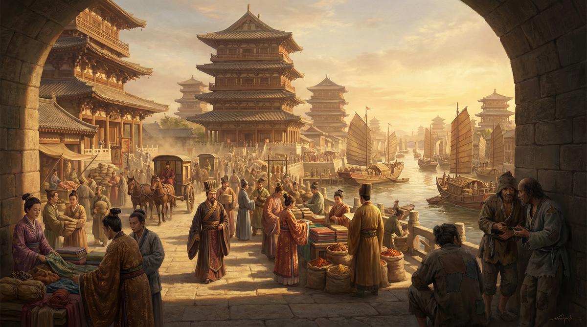 The Eastern Han Dynasty at peak prosperity — a bustling marketplace with merchants, silk, and trading junks