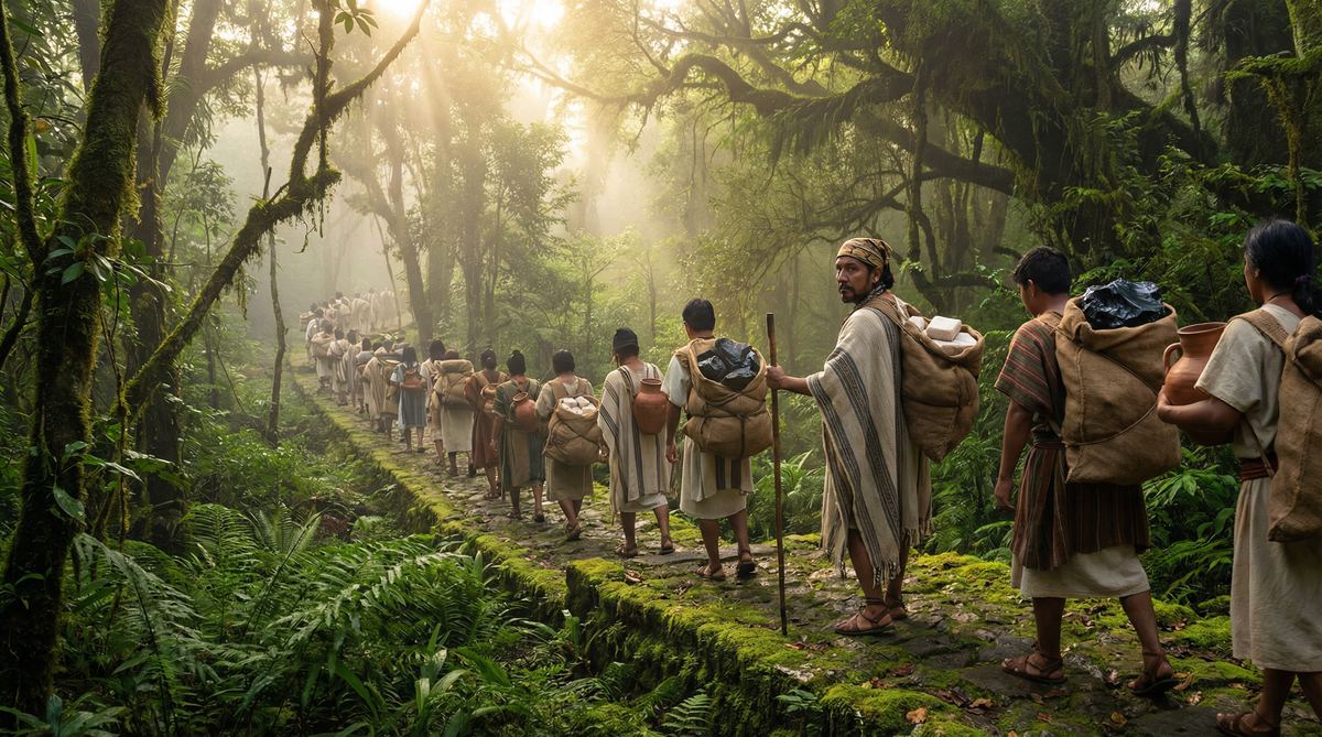 Ancient Maya merchants traveling along jungle trade routes carrying obsidian, salt, and jade