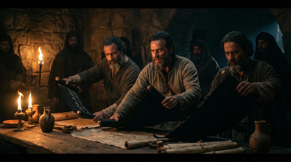 Abbasid rebels unrolling black banners in a fire-lit underground meeting room in Khorasan, 747 AD