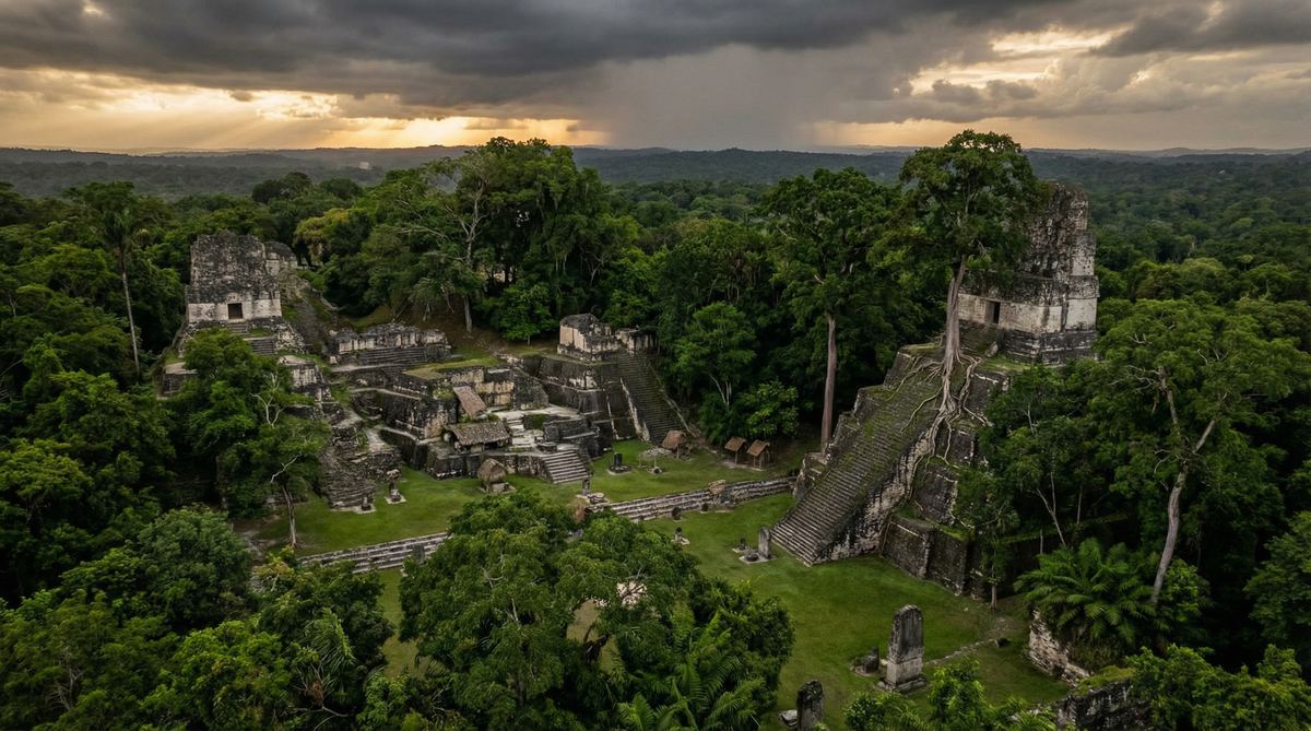 Aerial view of Tikal, Guatemala — ancient Maya pyramids being reclaimed by the jungle