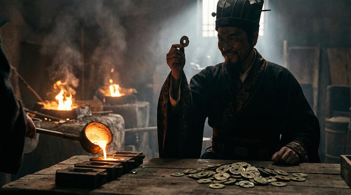 A corrupt Han Dynasty official overseeing the debasement of bronze coins in a dark foundry