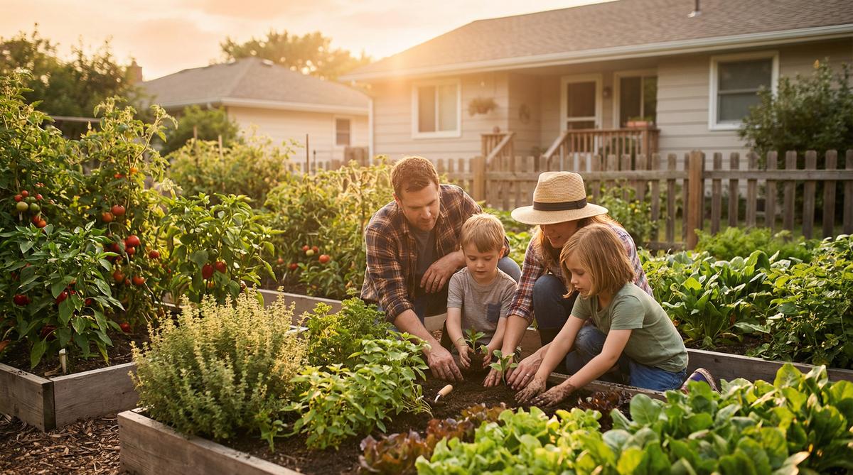 American family building food sovereignty in backyard garden