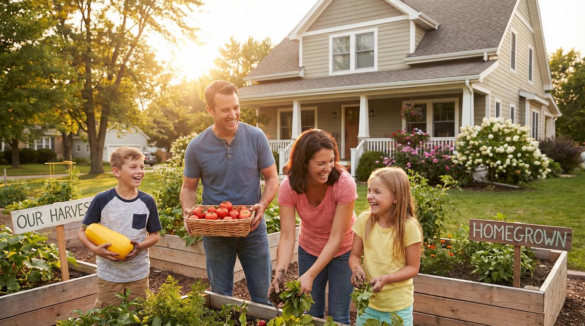 American family harvesting vegetables from their backyard garden