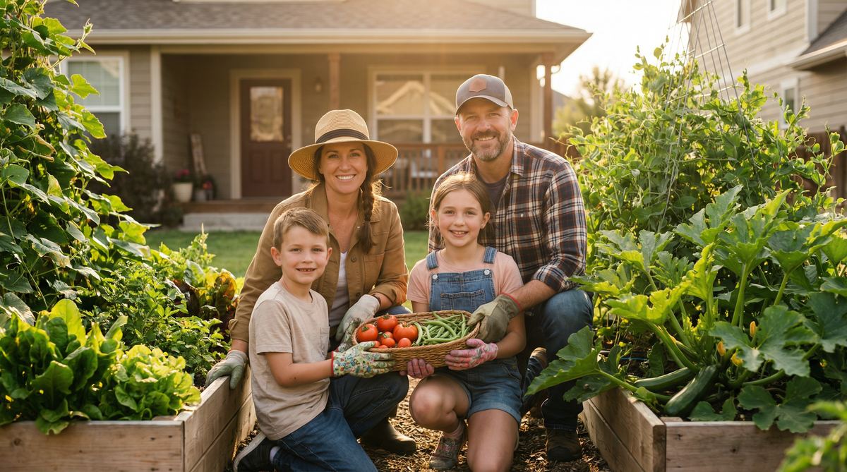 An American family harvesting from their backyard raised-bed garden — the first step toward true sovereignty