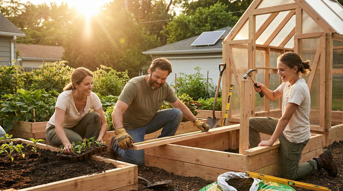 An American family building raised-bed gardens and a greenhouse together in their suburban backyard