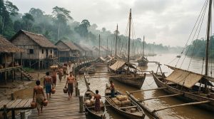 Ancient Srivijayan trading harbor on the Musi River, Sumatra — merchants unloading cargo from wooden vessels, circa 9th century AD