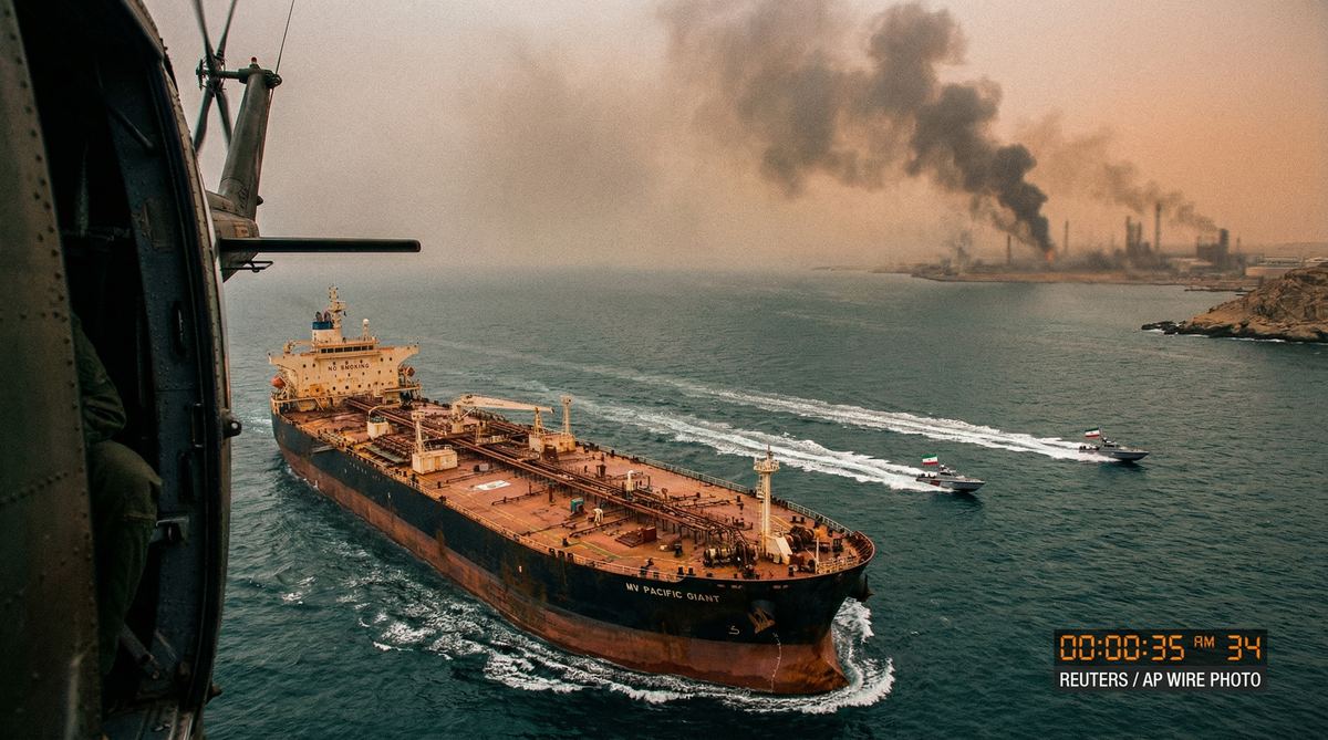 Oil supertanker navigating the Strait of Hormuz as Iranian speedboats circle and an oil facility burns on the horizon