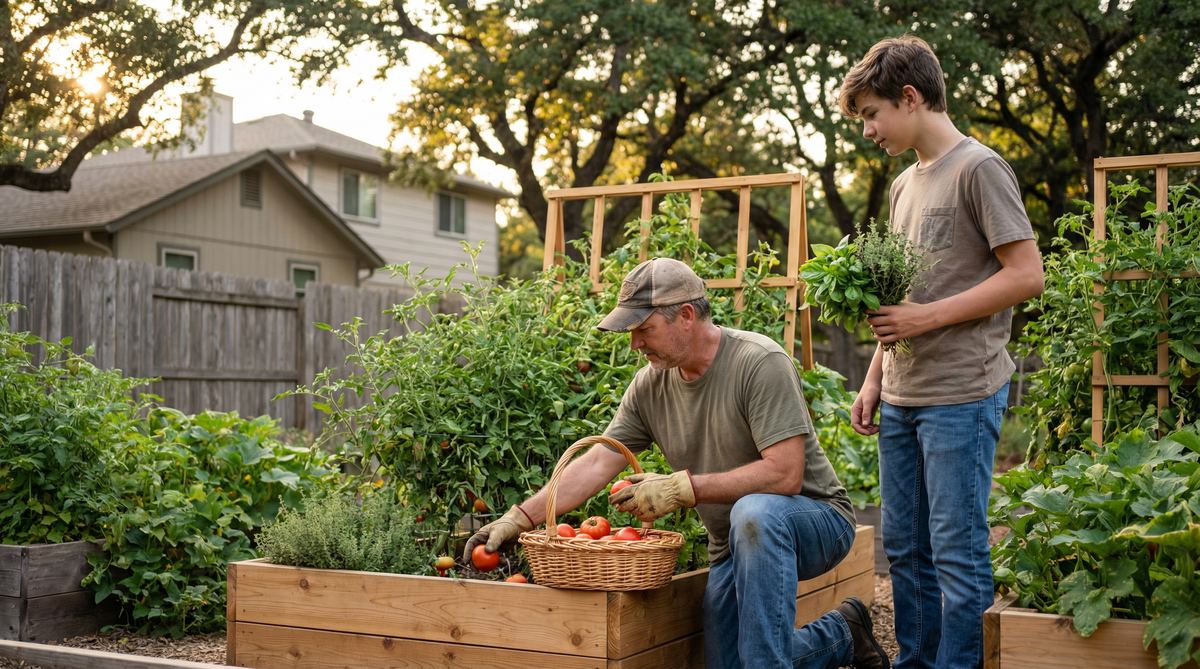 An American family harvesting from their backyard raised-bed garden — the first step toward true sovereignty