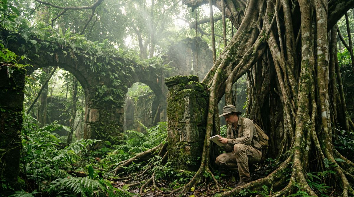 The ruins of Srivijaya, swallowed by the jungle — a civilization that controlled the world's trade routes, forgotten within a generation