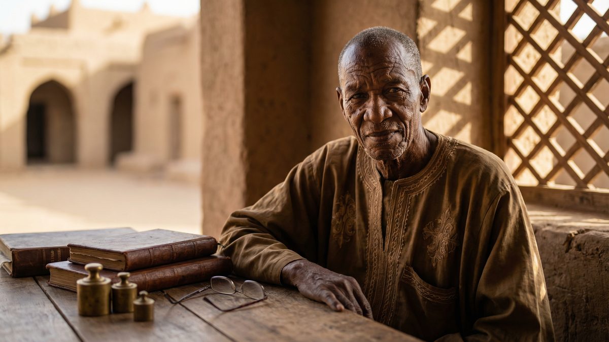 Songhai Empire court official counting gold coins while empire crumbles