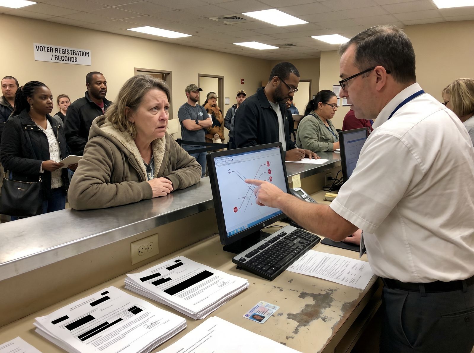 A voter confronts bureaucratic uncertainty at a records counter.