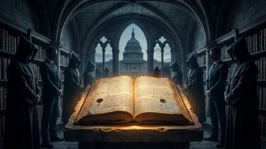 An illuminated political ledger symbolizes how a republic can be narrowed through official lists.