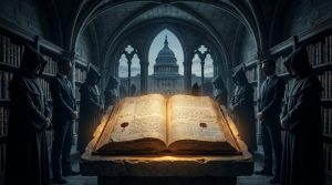 An illuminated political ledger symbolizes how a republic can be narrowed through official lists.