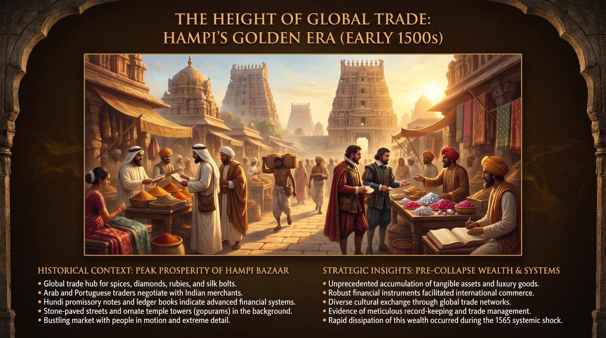 The grand bazaar of Hampi at the peak of the Vijayanagara Empire