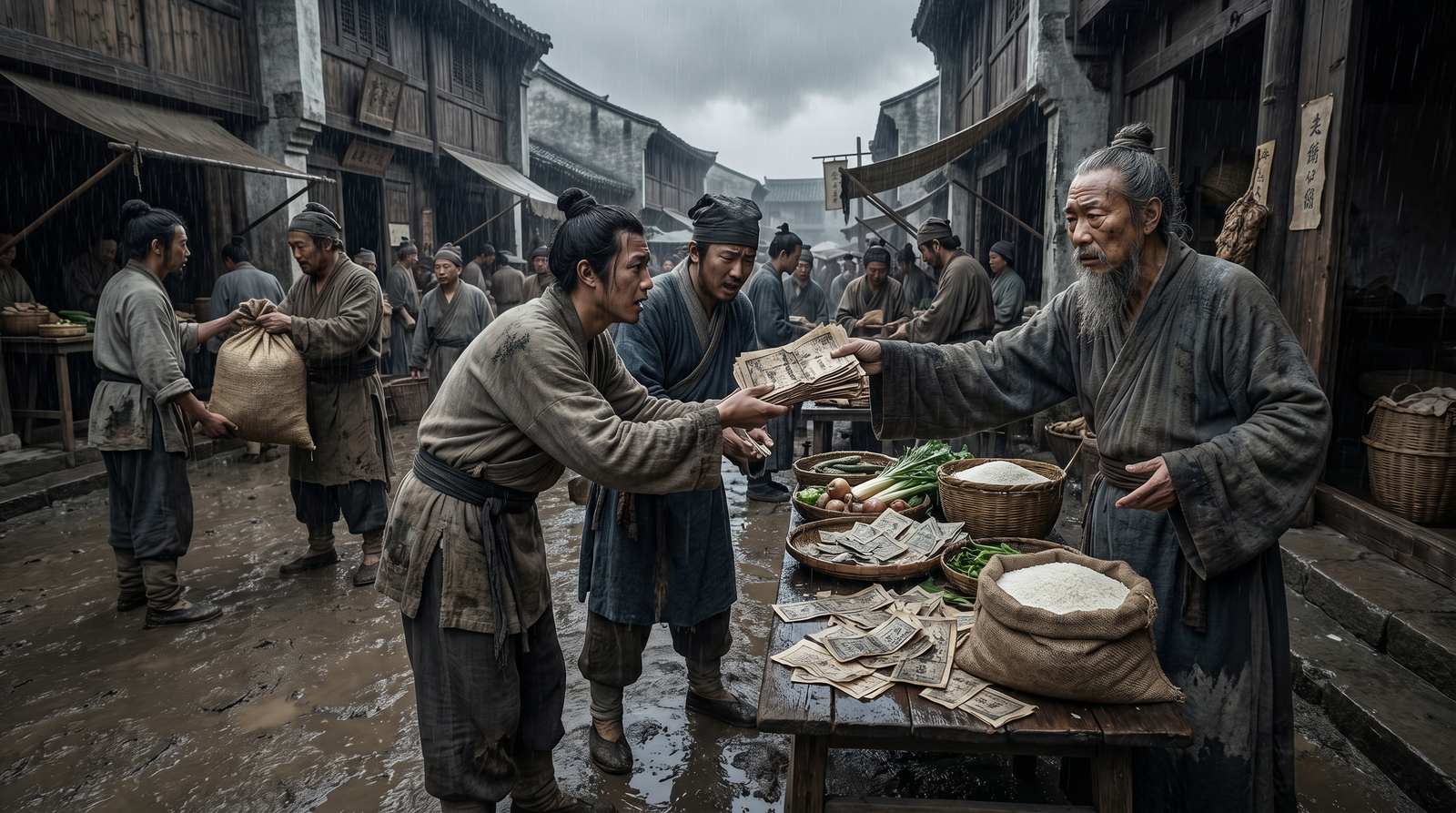 Late Yuan dynasty market scene showing the breakdown of trust in paper money