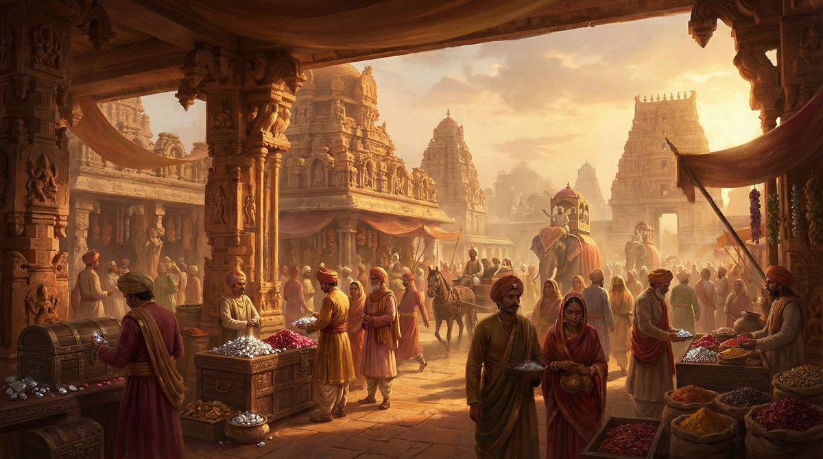 Bustling 16th-century Vijayanagara Empire marketplace in Hampi with merchants trading diamonds and spices
