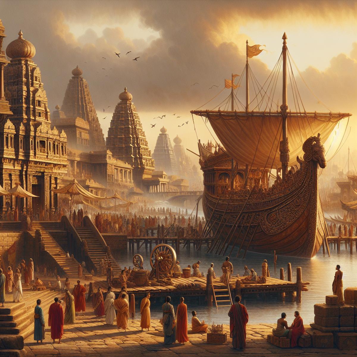 Bustling 11th-century Chola Empire port city with merchant ships and Dravidian temples