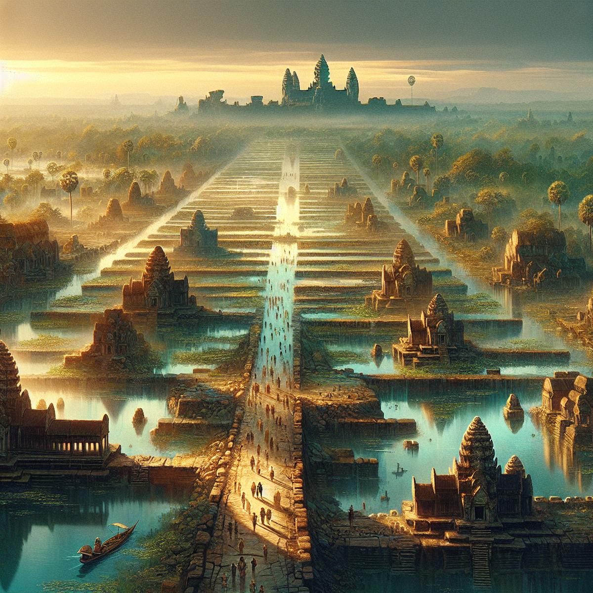 Ancient Khmer Empire hydraulic city at its peak with massive stone canals and Angkor Wat