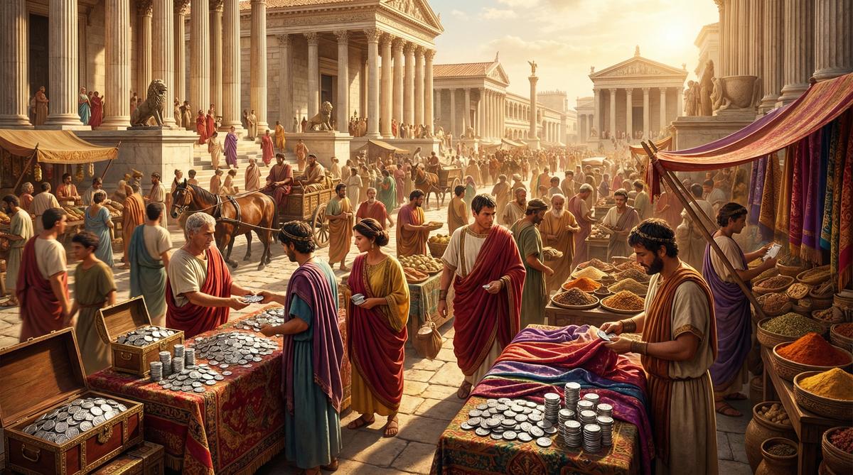 Roman Empire at its peak prosperity trading silver denarii