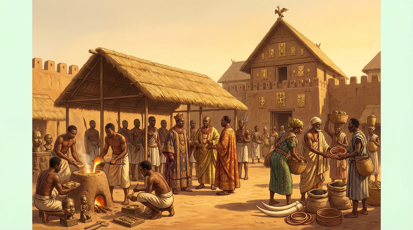 Kingdom of Benin at its commercial height with artisans, traders, and royal authority controlling trade