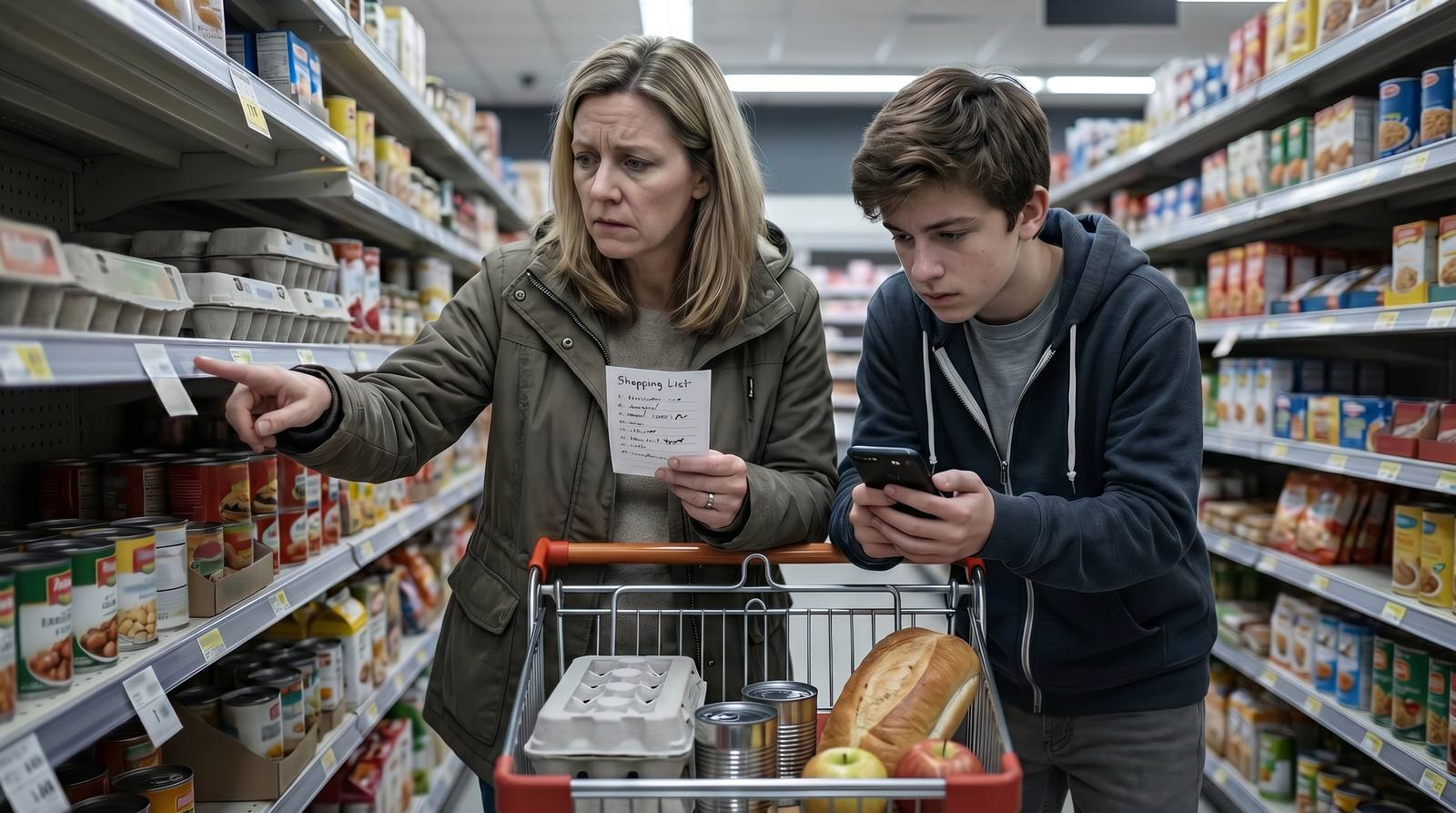 Modern American family comparing grocery prices under inflation pressure