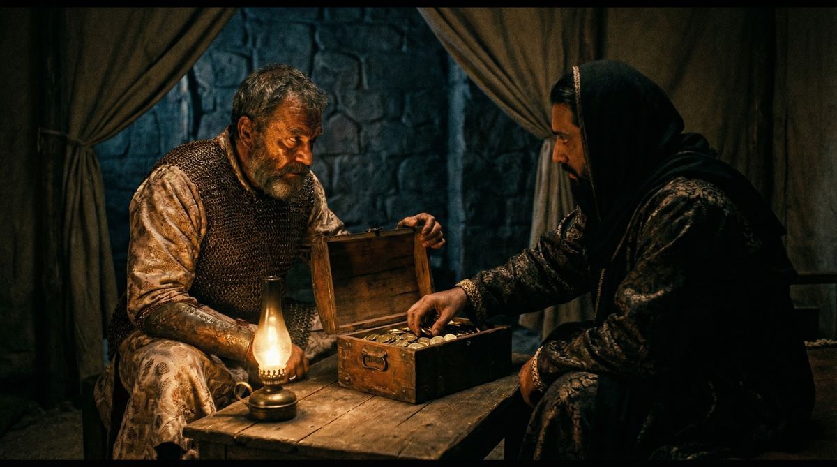 16th-century Vijayanagara general secretly accepting gold coins from a rival sultan in a dark tent — the betrayal before the Battle of Talikota