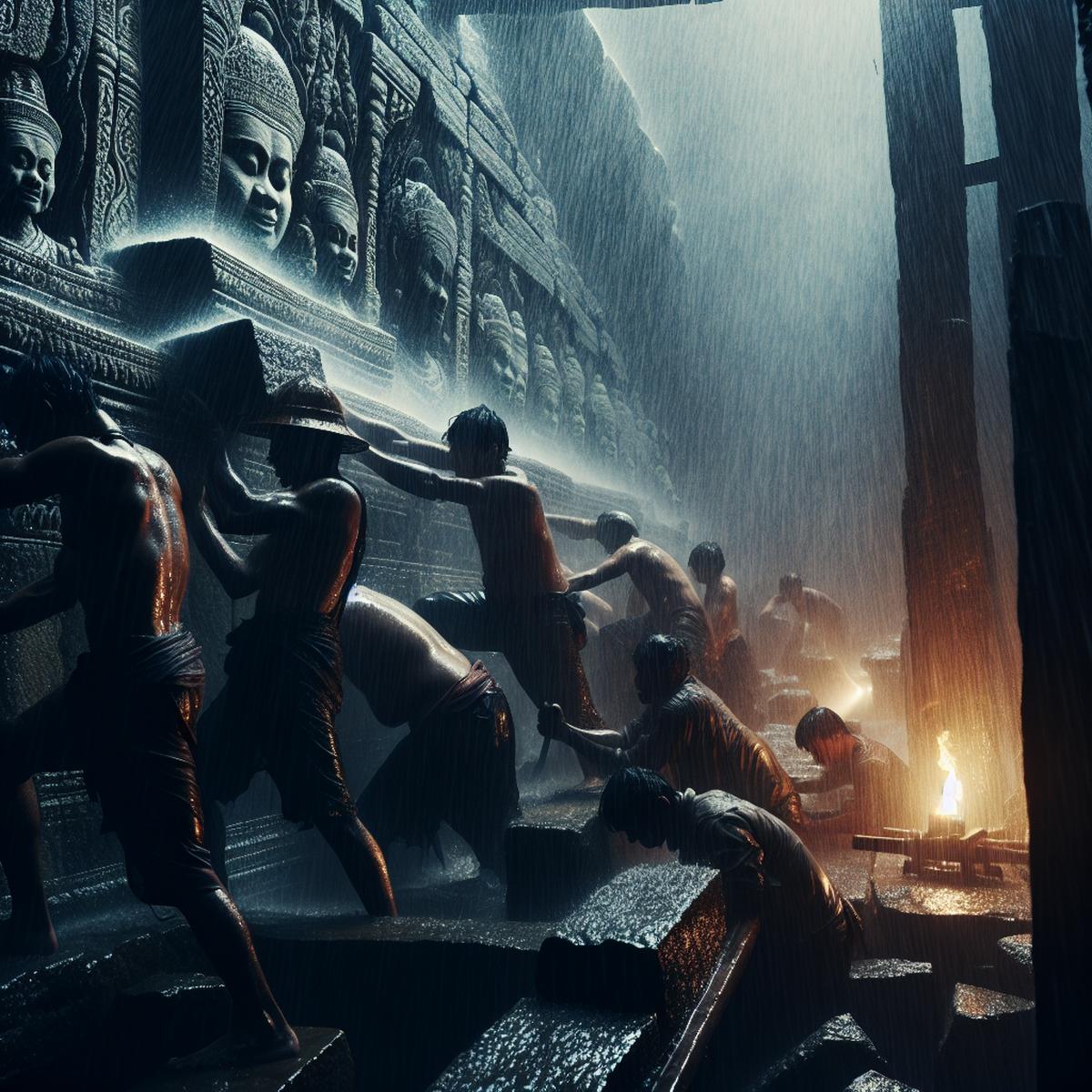 Desperate Khmer workers tearing down a temple wall to patch a failing canal during a monsoon