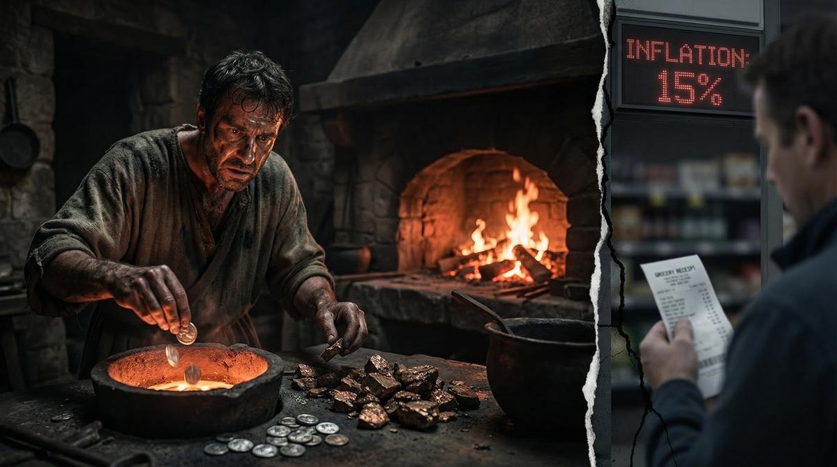 Roman official secretly debasing silver coins with bronze