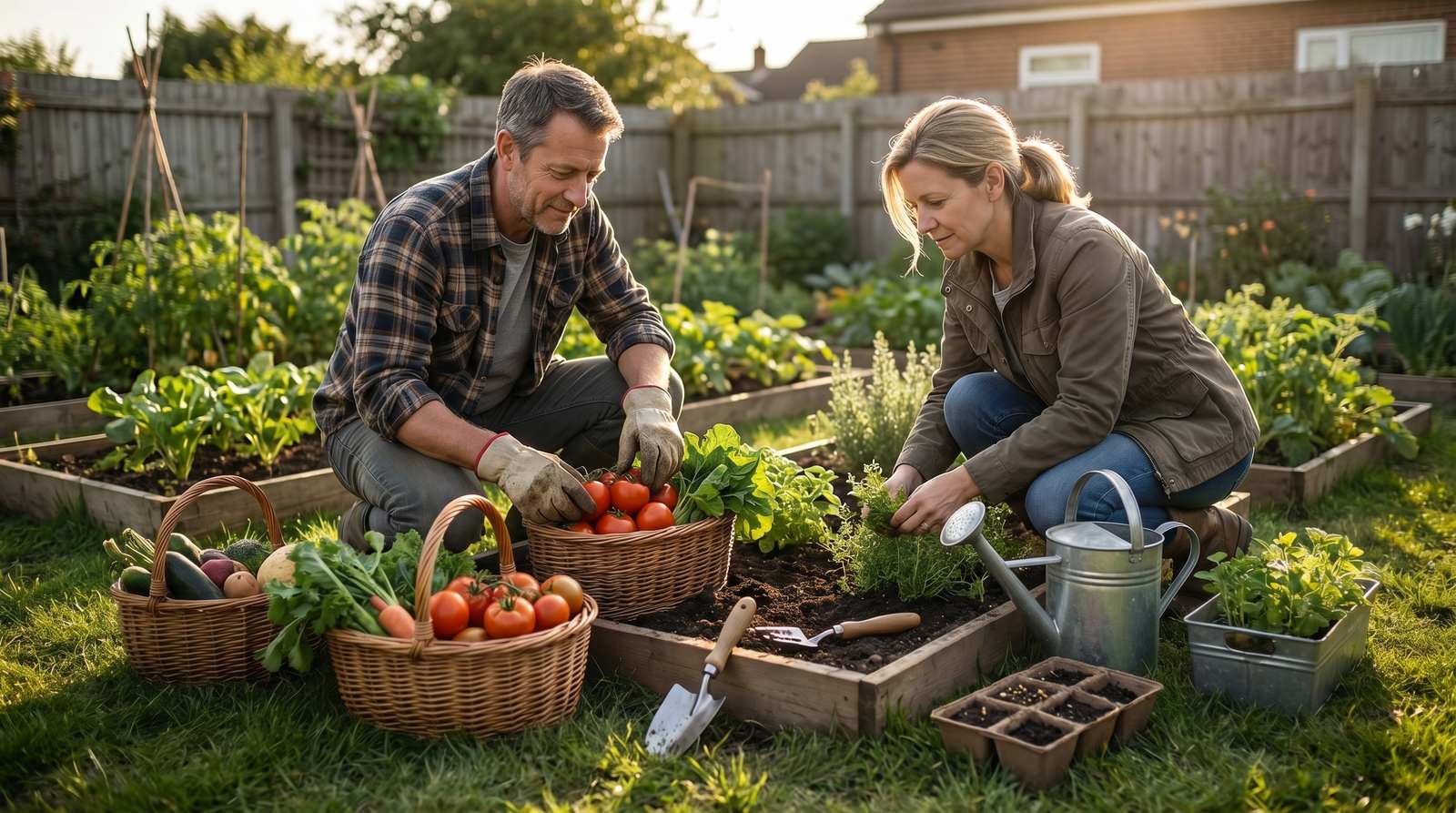 American family harvesting a backyard raised-bed garden